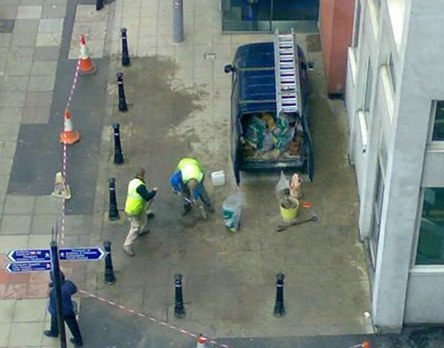 Dumb workers block van in with post. Can you say duh?