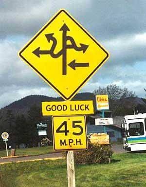 Good luck in following this twisted road sign.