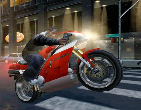 Cartoon picture of a motorcycle riding gun man.